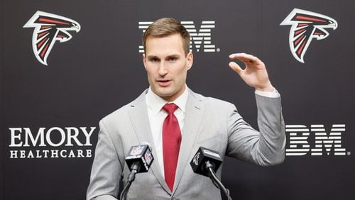 Atlanta Falcons quarterback Kirk Cousins address his remarks during his introductory press conference at the Falcons practice facility in Flowery Branch, Georgia, on Wednesday, March 13, 2024. (Miguel Martinez/The Atlanta Journal-Constitution/TNS)