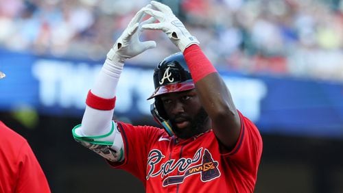 Atlanta Braves center fielder Michael Harris II reacts after hitting a single during the first inning against the Tampa Bay Rays at Truist Park, Friday, June 14, 2024, in Atlanta. (Jason Getz / AJC)