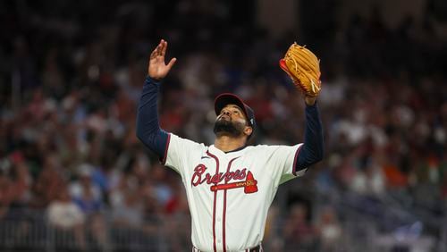 Atlanta Braves starting pitcher Reynaldo López reacts after pitching the top of the fifth inning against the Philadelphia Phillies at Truist Park, Tuesday, August 20, 2024, in Atlanta. (Jason Getz / AJC)
