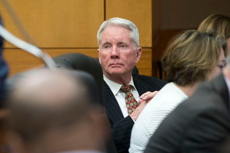 03/06/2018 -- Atlanta, GA - Claud "Tex" McIver listens to his lawyer as he speaks with a potential juror during the second day of jury selection for his case before Fulton County Chief Judge Robert McBurney on Tuesday, March 6, 2018. ALYSSA POINTER/ALYSSA.POINTER@AJC.COM