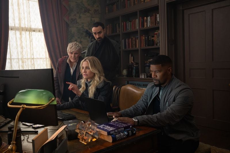 Back In Action. (L to R)  Glenn Close as Ginny, Jamie Demetriou as Nigel, Cameron Diaz as Emily and Jamie Foxx as Matt  in Back In Action. Cr. John Wilson/Netflix © 2024.