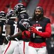 Atlanta Falcons linebacker Matthew Judon (15) warms-up before their game against the Jacksonville Jaguars in their preseason NFL football game at Mercedes-Benz Stadium, on Friday, Aug. 23, 2024, in Atlanta. (Jason Getz / AJC)
