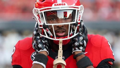 Georgia defensive back Julian Humphrey (12) prepares for their game against UAB at Sanford Stadium, Saturday, September 23, 2023, in Athens, Ga. (Jason Getz / Jason.Getz@ajc.com)