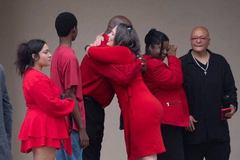 People arrive for the funeral of Apalachee High School shooting victim Mason Schermerhorn in Jefferson, Ga., on Saturday, Sept. 14, 2024. (Ben Gray/Atlanta Journal-Constitution via AP)