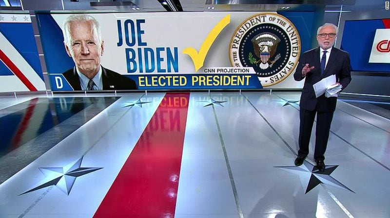 Wolf Blitzer at 11:24 a.m. Saturday, Nov. 7, 2020, announcing Joe Biden projected as president of the United States. Photo: CNN