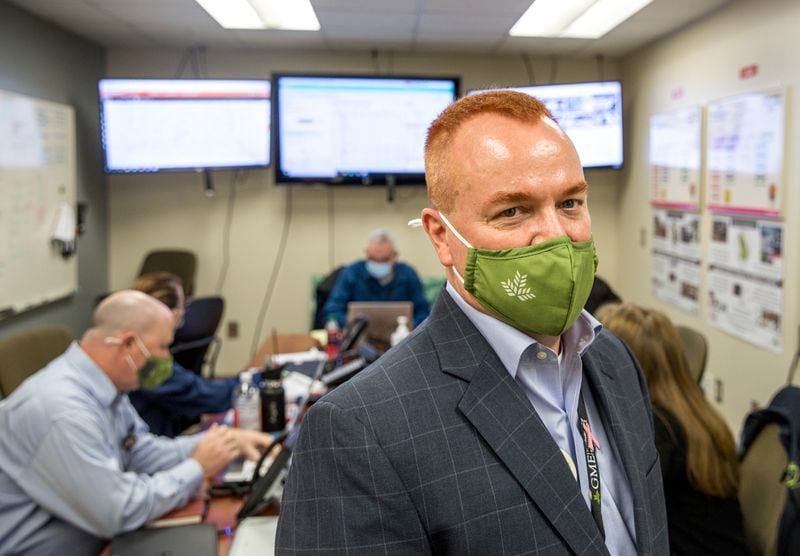 Dr. John Delzell, Northeast Georgia Medical Center's vice president of medical education, is seen here in the incident command center, which he leads. (Jenni Girtman for The Atlanta Journal Constitution)