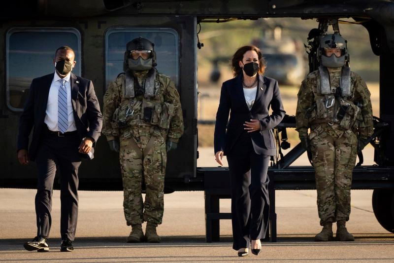 FILE - Vice President Kamala Harris walks to board Air Force Two to return to Washington, Thursday, Jan. 27, 2022, in Palmerola, Honduras. (Erin Schaff/The New York Times via AP, Pool, File)