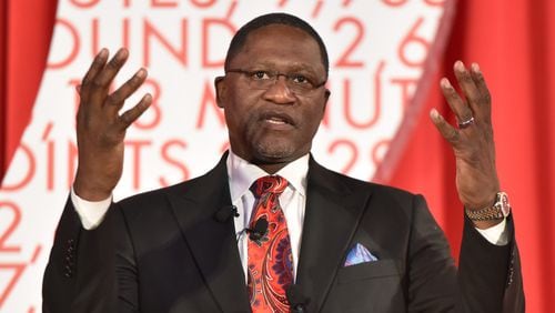 Dominique Wilkins speaks after his statue was unveiled at Philips Arena on Thursday, March 5, 2015.