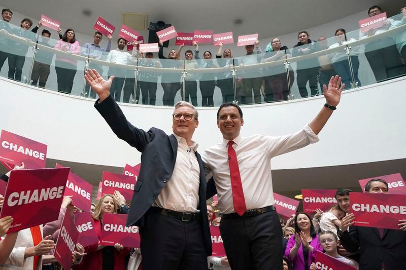 Britain's Labour leader Keir Starmer, left, and Scottish Labour leader Anas Sarwar launch Scottish Labour's General Election campaign at City Facilities in Glasgow, Scotland, Friday May 24, 2024. (Andrew Milligan/PA via AP)