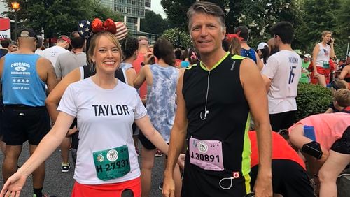 Taylor Scott and Kevin Avery, syndicated morning hosts at 104.7/The Fish, have run the AJC Peachtree Road Race many times. This is a shot from 2019. Courtesy