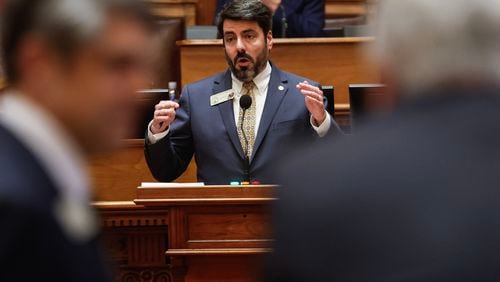 House Majority leader Chuck Efstration, R-Auburn, talks about Senate Bill 333 at the Georgia State Capitol on Thursday, Feb 8, 2024. The bill would allow citizens of Gwinnett to vote on incorporating the City of Mulberry. (Natrice Miller/ Natrice.miller@ajc.com)

