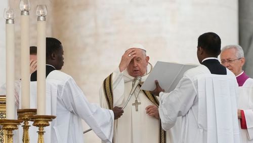 Pope Francis presides over a mass in St. Peter's Square, at the Vatican, for the opening of the second session of the 16th General Assembly of the Synod of Bishops, Wednesday, Oct. 2, 2024. (AP Photo/Gregorio Borgia)