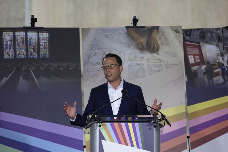 Pennsylvania Gov. Josh Shapiro gives remarks during the groundbreaking ceremony for the new Tree of Life complex in Pittsburgh, Sunday, June 23, 2024. The new structure is replacing the Tree of Life synagogue where 11 worshipers were murdered in 2018 in the deadliest act of antisemitism in U.S. history. (AP Photo/Rebecca Droke)