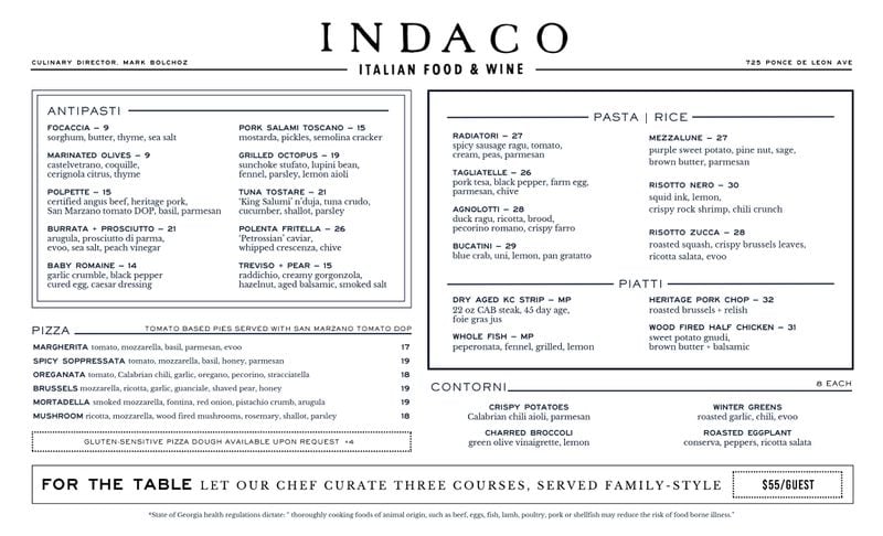 Indaco dinner menu / Courtesy of Indaco