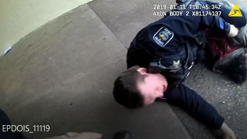 Body camera footage shot by Eugene, Oregon, police Officer Steve Timm shows fellow Officer Aaron Johns and armed parent Charles Landeros, 30, moments after Landeros was shot and killed Jan. 11, 2019, outside Cascade Middle School, in front of his 12-year-old daughter. Timm and Johns intervened in a custody dispute stemming from Landeros enrolling the girl in the school the day before without her mother's permission. As Johns struggled to arrest Landeros for disorderly conduct and trespassing, Landeros fired the 9 mm handgun at Timm before Timm returned fire, striking Landeros in the head.