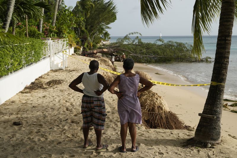 Two neighbors look out at beach erosion and a fallen tree the day after Hurricane Beryl hit St. James, Barbados, Tuesday, July 2, 2024. (AP Photo/Ricardo Mazalan)