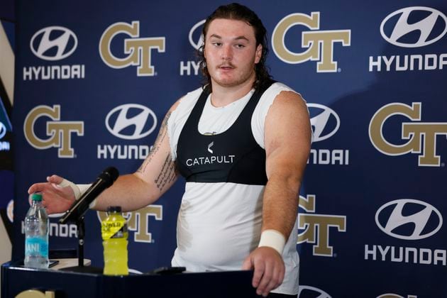 Georgia Tech lineman Weston Franklin (72) responds to press members at Bobby Dodd Stadium on Thursday, July 25, 2024, in Atlanta. (Miguel Martinez / AJC)