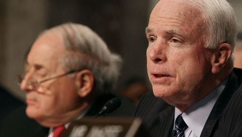 Sen. John McCain, R-Ariz., questions Defense Secretary Robert Gates at a Feb. 10, 2010, Senate Armed Services Committee hearing on Capitol Hill the proposed Department of Defense budget request for fiscal year 2011 and a review of the "Don't Ask, Don't Tell" policy.  (Mark Wilson/Getty Images)