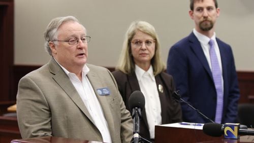 Jim Beck, commissioner of the Georgia Insurance Department, speaks at a press conference about an insurance fraud bust in a courtroom at the Clayton County Superior Court in Jonesboro , Georgia on Friday, March 1, 2019. Three victims of the insurance fraud, mainly elderly people, have been identified so far. EMILY HANEY / AJC