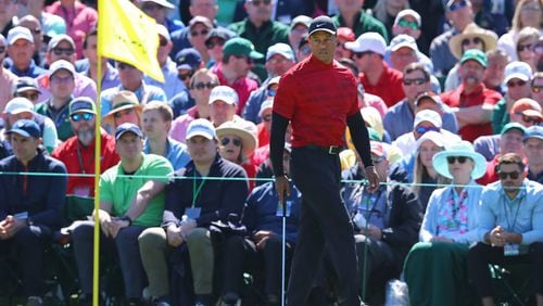 041022 Augusta: Tiger Woods prepares to putt on the second green during the final round of the Masters at Augusta National Golf Club on Sunday, April 10, 2022, in Augusta. (Curtis Compton / Curtis.Compton@ajc.com)