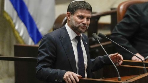 FILE - Israeli Finance Minister Bezalel Smotrich speaks at the Knesset, Israel's parliament, in Jerusalem, on July 10, 2023. (AP Photo/Maya Alleruzzo, File)