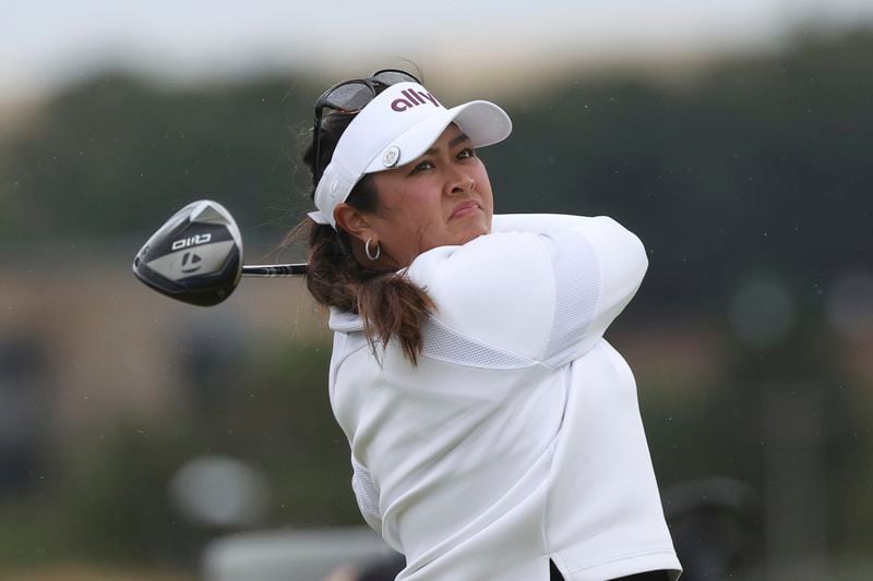 Lilia Vu, of the United States, play off the 3rd tee during the final round of the Women's British Open golf championship, in St. Andrews, Scotland, Sunday, Aug. 25, 2024. (AP Photo/Scott Heppell)