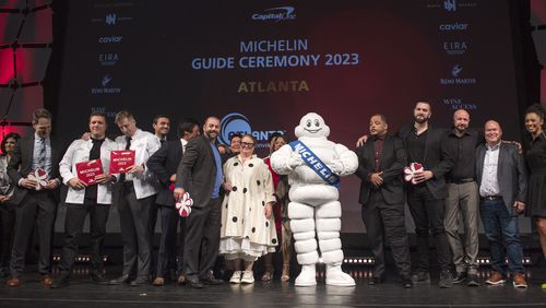 Chefs and owners of Atlanta's Michelin-starred restaurants are seen during the Atlanta Michelin Guide gala ceremony Tuesday, Oct. 24, 2023 at the Rialto Center for the Arts in Atlanta. (Daniel Varnado/ For the AJC)