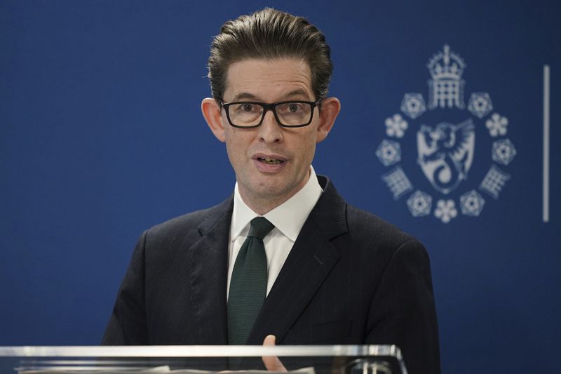 Ken McCallum, Director General of MI5, delivers the annual Director General's speech at Counter Terrorism Operations Centre in west London, Tuesday Oct. 8, 2024. (Yui Mok/PA via AP)