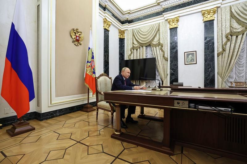 Russian President Vladimir Putin speaks at the Security Council meeting on nuclear deterrence at the Kremlin (Alexander Kazakov, Sputnik, Kremlin Pool Photo via AP)