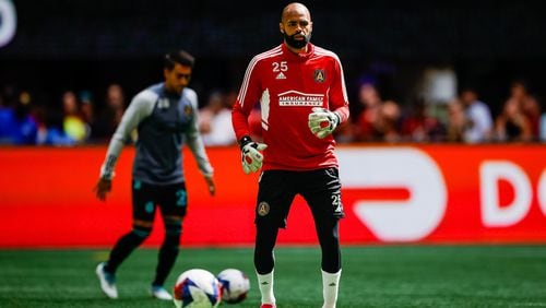 Atlanta United goalkeeper Clément Diop #25 warms up before the match against Chicago Fire FC at Mercedes-Benz Stadium in Atlanta, GA on Sunday April 23, 2023. (Photo by Alex Slitz/Atlanta United)