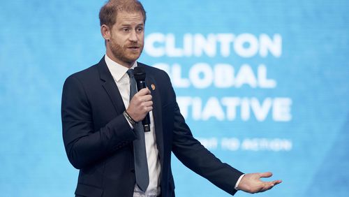 Prince Harry speaks during the Clinton Global Initiative, Tuesday, Sept. 24, 2024, in New York. (AP Photo/Andres Kudacki)