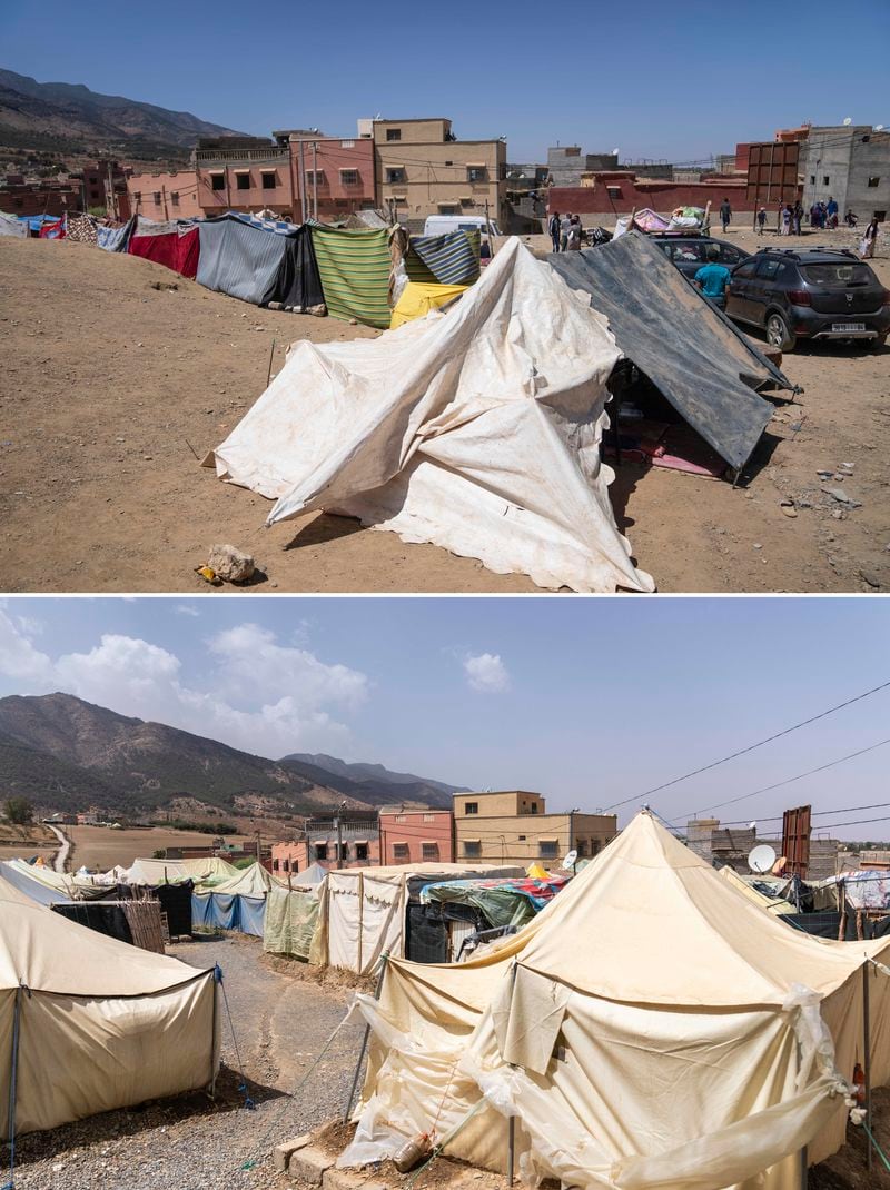 In this combination of photos, tents are set up to shelter people displaced by an earthquake in the town of Amizmiz, Morocco, outside Marrakech, Sept. 10, 2023, and the same area on Sept. 4, 2024. (AP Photo/Mosa'ab Elshamy)