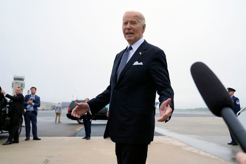 President Joe Biden speaks the the media after stepping off Air Force One at Dover Air Force Base in Delaware, Friday, Sept. 27, 2024, to spend the weekend at his beach home in Rehoboth Beach, Del. (AP Photo/Susan Walsh)