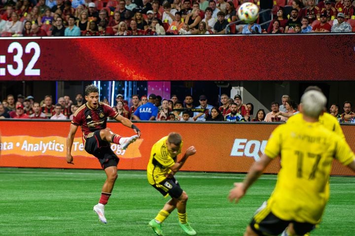 Ronald Hernández takes a shot on goal during the Atlanta United game against Columbus Crew at Mercedes Benz Stadium in Atlanta, GA on July 20, 2024. (Jamie Spaar for the Atlanta Journal Constitution)