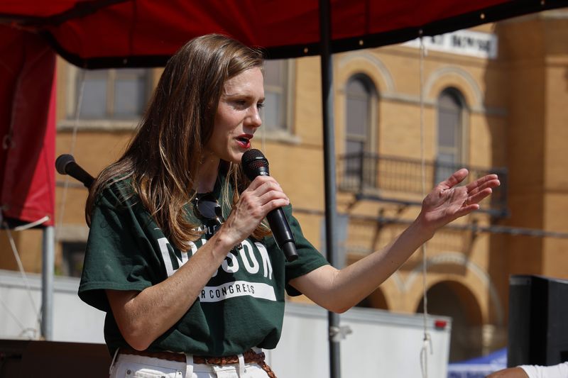 Alabama's new 2nd Congressional District Republican candidate Caroleene Dobson speaks during the Macon County Day Festival in Tuskegee, Ala., on Saturday, Aug 31, 2024. (AP Photo/ Butch Dill)