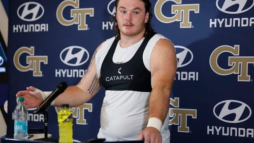 Georgia Tech lineman Weston Franklin (72) responds to press members at Bobby Dodd Stadium on Thursday, July 25, 2024, in Atlanta. (Miguel Martinez / AJC)