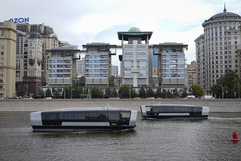 Boats float past the British Embassy building in Moscow, Russia, Friday, Sept. 13, 2024. (AP Photo)