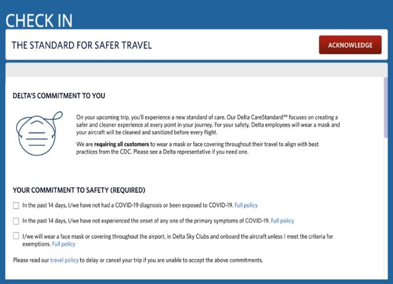 Delta Air Lines now requires passengers to complete a health acknowledgment form. Source: Delta