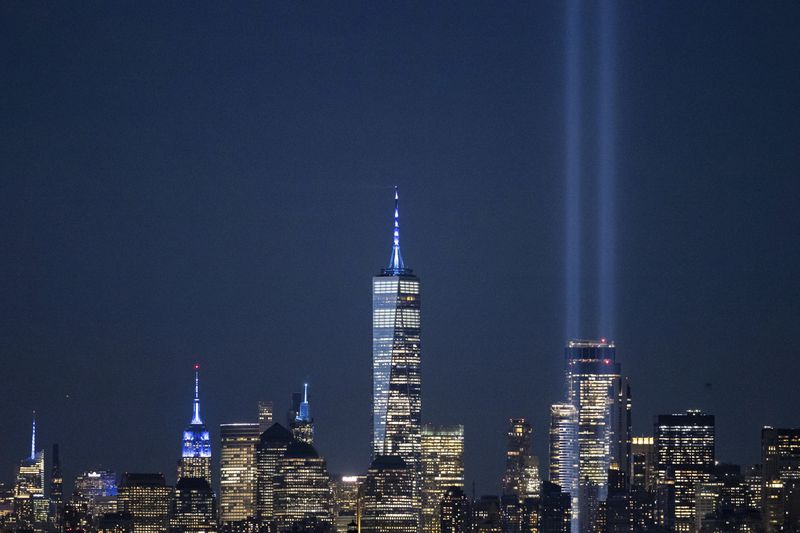 The Tribute in Light is seen in the sky in New York's Lower Manhattan on the 23rd anniversary of the Sept. 11, 2001, attacks, Wednesday, Sept. 11, 2024, in New York. (AP Photo/Yuki Iwamura)