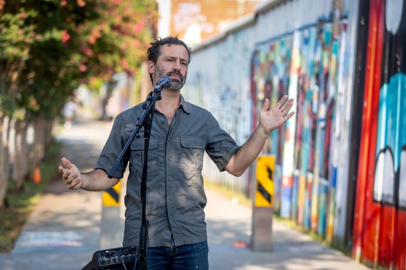 Rob Del Bueno speaks to the crowd during a press conference promoting the BeltLine Rail on Saturday, Aug 17, 2024. (Steve Schaefer / AJC)