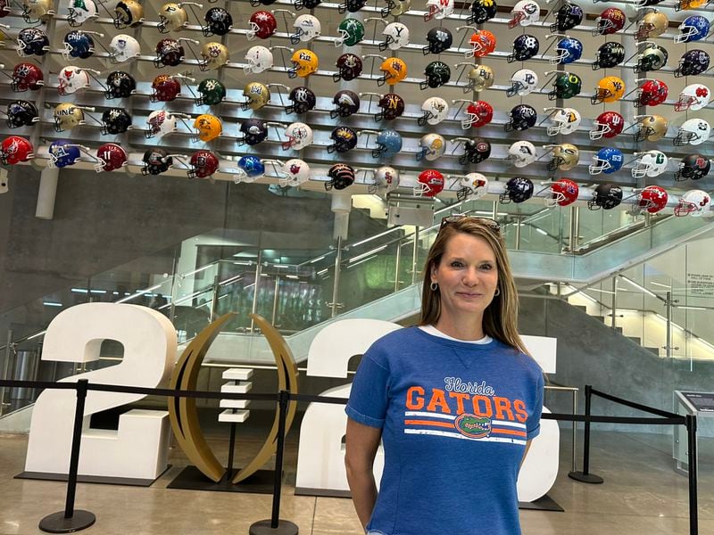 Kimberly Beaudin, CEO of the College Football Hall of Fame, since 2020, in the main entry hall on August 23, 2024. RODNEY HO/rho@ajc.com