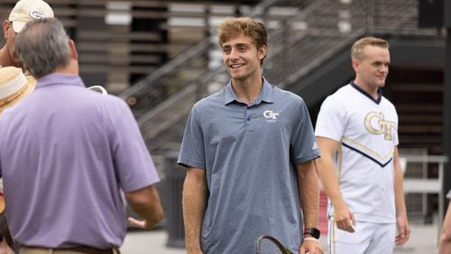 Georgia Tech’s Andres Martin talks with people before the start of the Atlanta Open Media Day at Atlantic Station Tuesday, June 28, 2022. (Steve Schaefer / steve.schaefer@ajc.com)