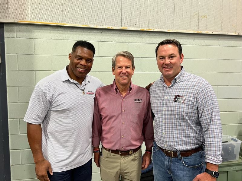 Republican U.S. Senate candidate Herschel Walker, from left, Gov. Brian Kemp and state Sen. Burt Jones, the GOP nominee for lieutenant governor, attended an even over the weekend in Perry. Walker and Kemp have rarely appeared together during this campaign season.