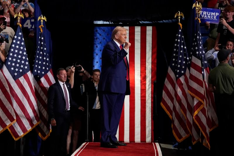 Republican presidential nominee former President Donald Trump arrives to speak at a campaign rally at the Mohegan Sun Arena at Casey Plaza, Saturday, Aug. 17, 2024, in Wilkes-Barre, Pa. (AP Photo/Carolyn Kaster)