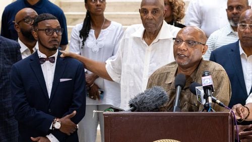 Bishop Reginald Jackson, presiding prelate of the 6th Episcopal District of Georgia, speaks at a press conference for Black clergy in support of Joe Biden at the Capitol in Atlanta on Thursday, July 11, 2024. (Arvin Temkar / AJC)