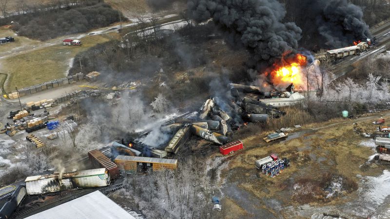 In this photo taken with a drone, portions of a Norfolk Southern freight train that derailed the previous night in East Palestine, Ohio, remain on fire at mid-day on Feb. 4, 2023. (Gene J. Puskar/AP)