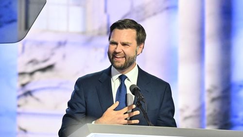 Republican vice presidential candidate Sen. JD Vance speaks during the third day of the Republican National Convention, Wednesday, July 17, 2024, in downtown Milwaukee, WI. (Hyosub Shin / AJC)