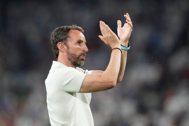 England's coach Gareth Southgate reacts at the end of a Group C match against Slovenia at the Euro 2024 soccer tournament in Cologne, Germany, Tuesday, June 25, 2024. The match ended in a 0-0 draw. (AP Photo/Martin Meissner)