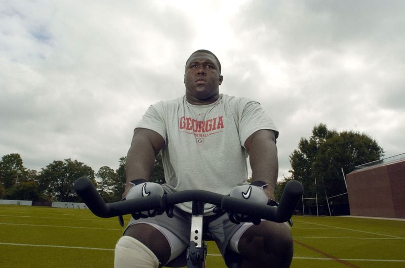 University of Georgia lineman Max Jean-Gilles ride a stationary bike at the school in Athens on Wednesday, Oct. 12, 2005. (Erik S. Lesser/AJC file photo)