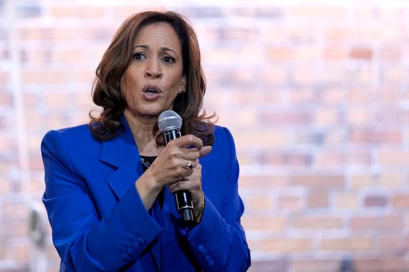 Democratic presidential nominee Vice President Kamala Harris speaks at a campaign event, Sunday, Aug. 18, 2024, in Rochester, Pa. (AP Photo/Julia Nikhinson)